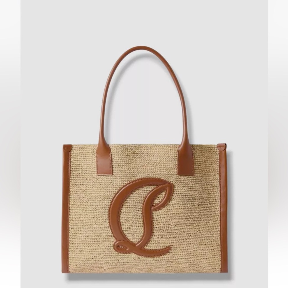 Christian Louboutin By My Side Women's Beige Raffia Leather Large Logo Tote Bag